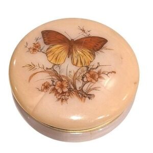 Vintage Italian Alabaster Butterfly‎ Trinket Box Jewelry Keepsake Round 5"